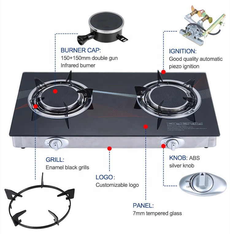Thin Linear Print Popular Black New Design Commercial 2 Burner Glass Top Gas Stove