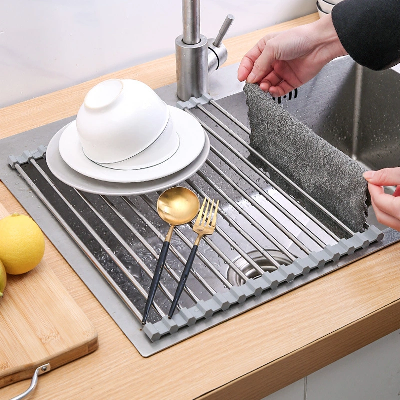 Foldable Mat Stainless Steel Wire Dish Drying Rack for Kitchen Sink Counter