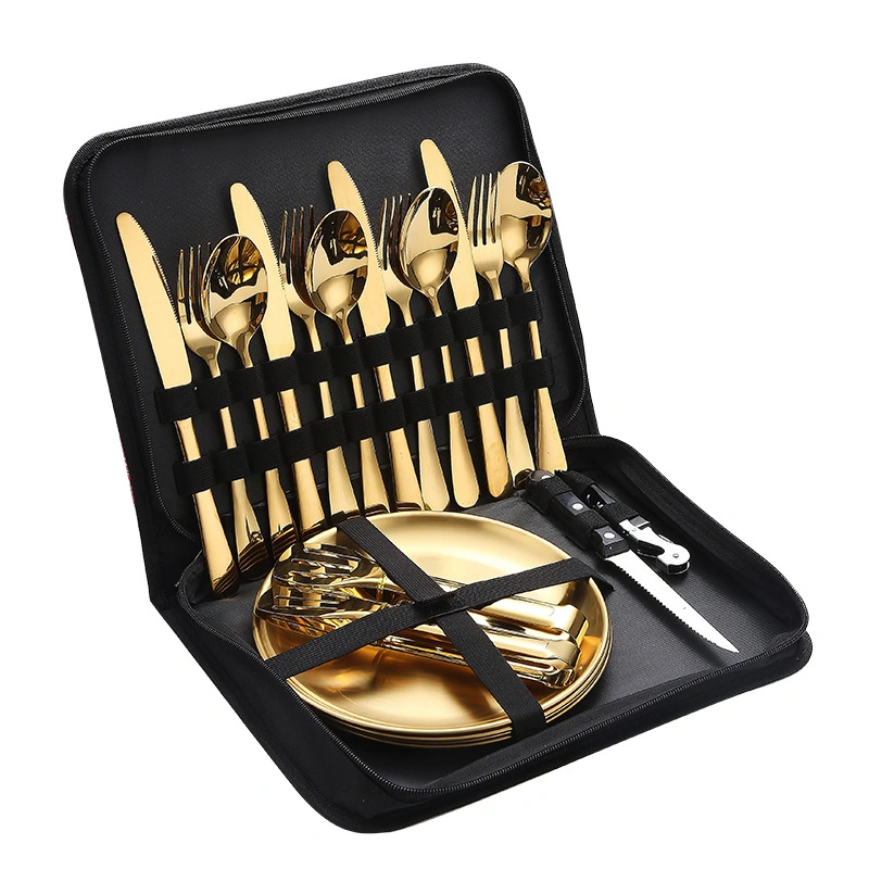 Travel Camping Portable Dinnerware Cutlery Sets with Handbag Plastic Handle Stainless Steel Flatware Sets