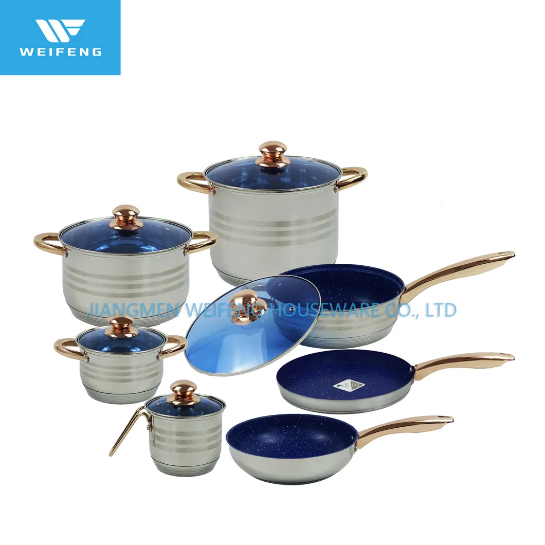 Wholesale Straight Shape Gold Plated 12PCS Kitchenware with Round Aluminum Frying Pan