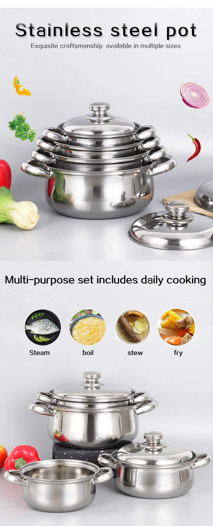 Wholesale Customized Home Camping Kitchen Ware Casserole Ss Saucepan Stainless Steel Cooking Pot Cookware Set