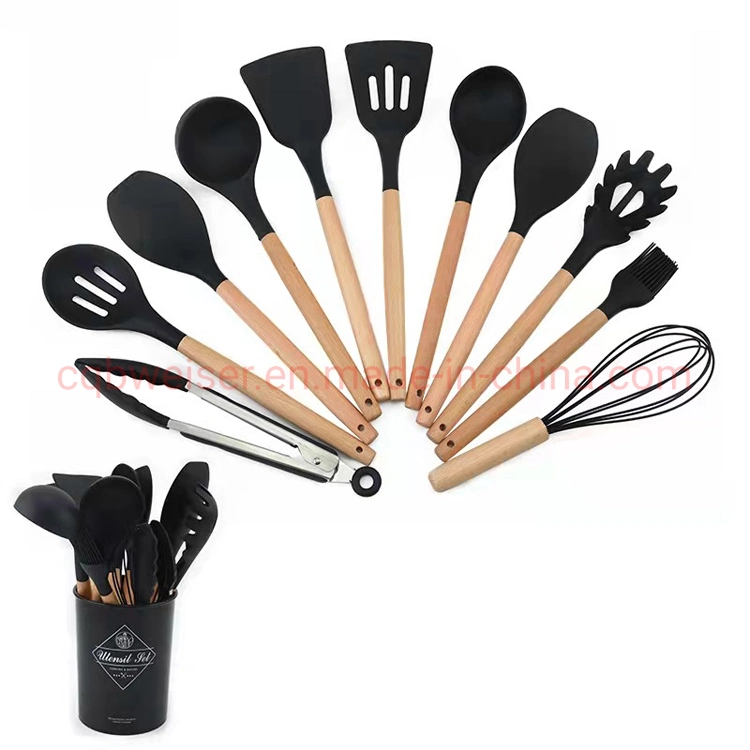 Wholesale Heat Resistant 11piece Wooden Handle Silicone Kitchen Utensils Set