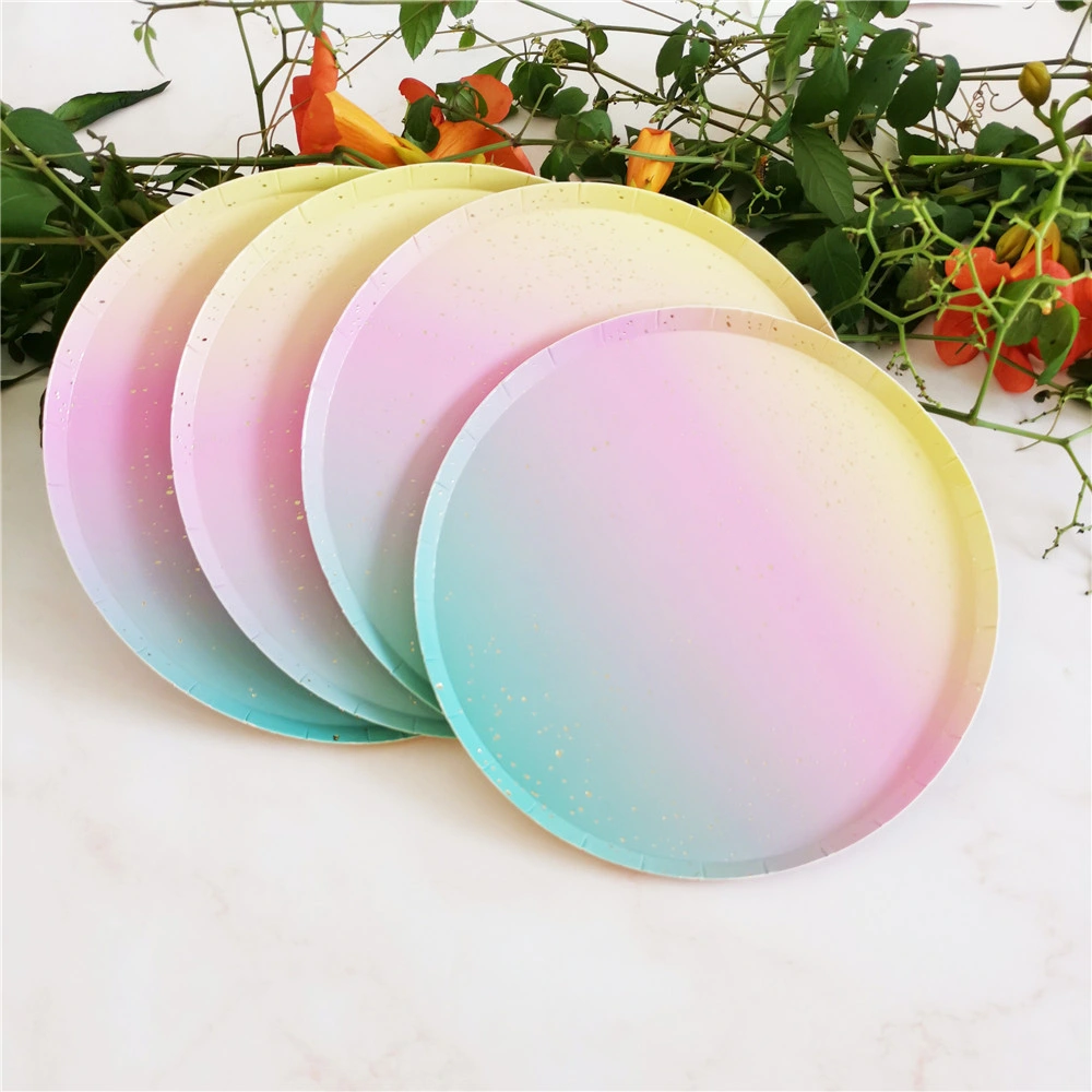 Party Disposable Kids Tableware Paper Plate Straw Cup Biodegradable Disposable Gold Forks Rainbow Series Dinnerware