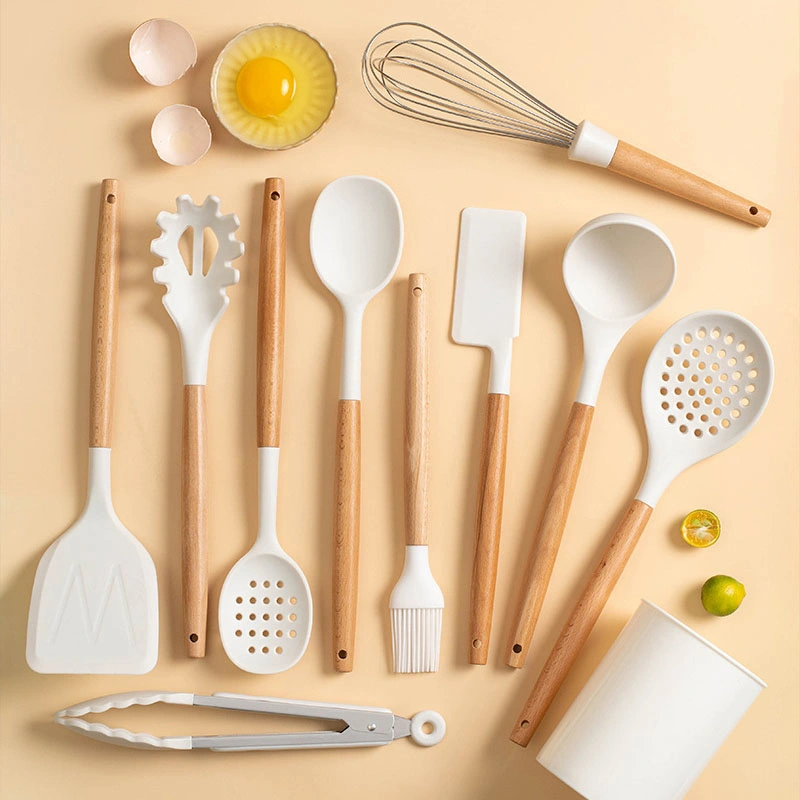 Wooden Handle High Temperature Resistant Non Stick Cooking Baking Utensils Silicone Kitchenware Set