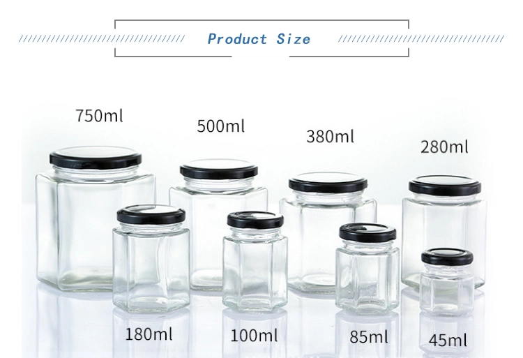 1.5oz 45ml 85ml 100ml 380ml 500ml 730ml Clear Glass Hexagon Jar Small Hexagonal Spice Honey Jar for Chili Spice Jelly in Bulk