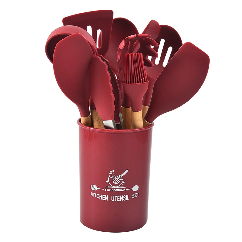 BPA Free Christmas &amp; Holiday Red Non-Stick Silicone Kitchen Utensils Set with Wood Handle