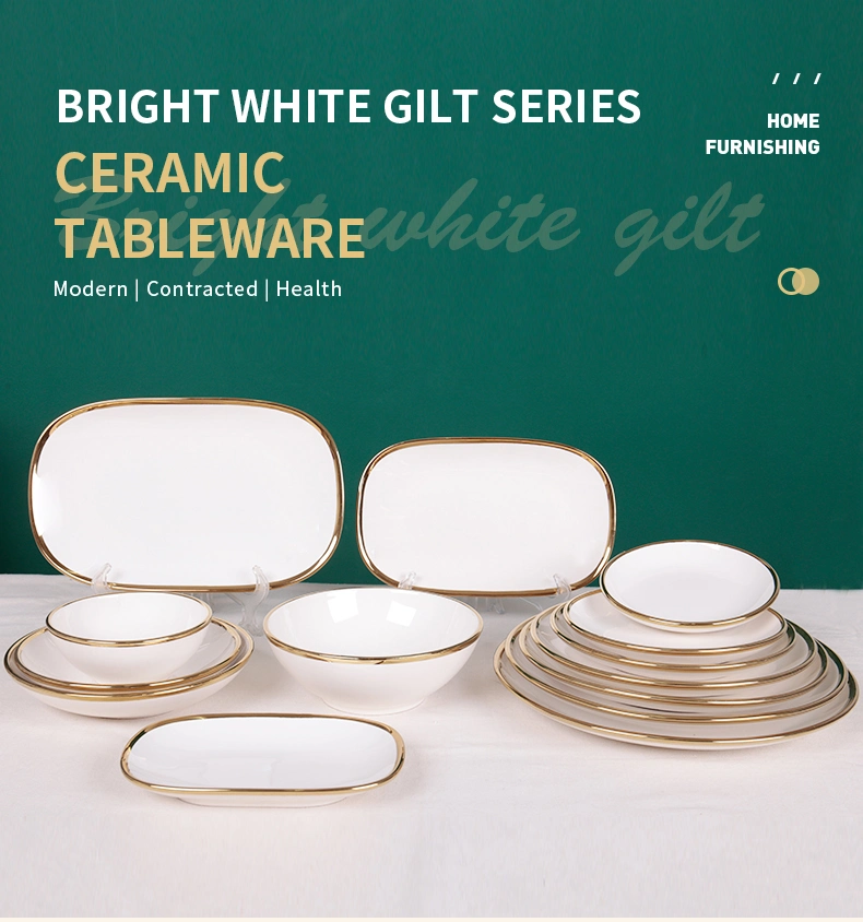 Free Sample Multi Size Dinner Ceramic White Plate with Gold Rim