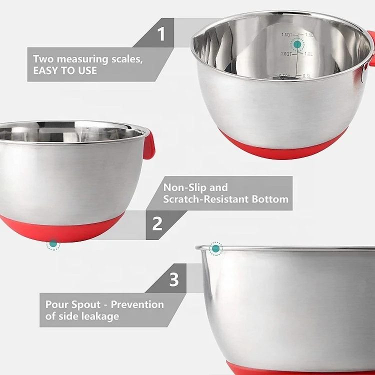 Multi-Functional Cooking Utensil Stainless Steel Bakeware Mixing Bowl Non-Slip Silicone Base Salad Mixing Bowls Set