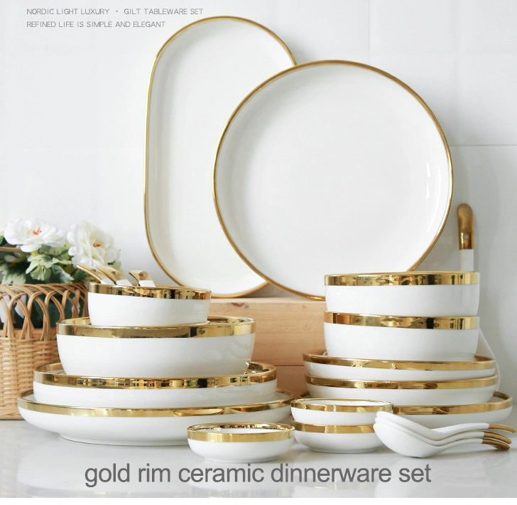 Nordic Gold Rim Best Ceramic Dishes &amp; Plates Pearl White Porcelain Vs Ceramic Dinnerware Sets for Dinner