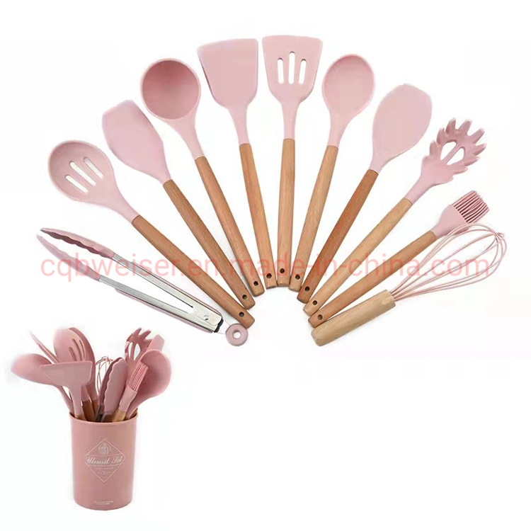 Wholesale Heat Resistant 11piece Wooden Handle Silicone Kitchen Utensils Set