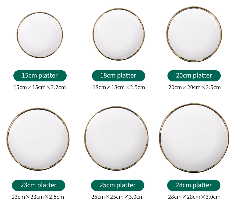 Free Sample Multi Size Dinner Ceramic White Plate with Gold Rim