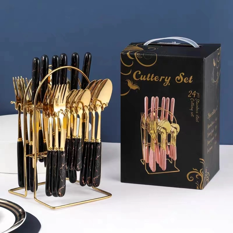 German High-Quality Luxury Rose Gold Stainless Steel Ceramic Handle 24-Piece Knife and Fork Set.