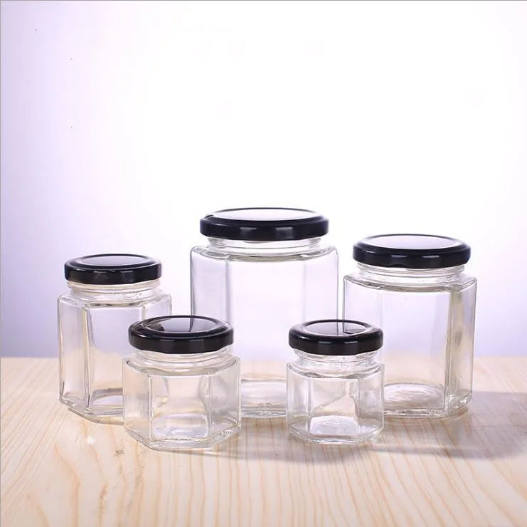 Wholesale 45ml 85ml 100ml Clear Glass Small Hexagonal Spice Honey Jar for Chili Spice Jelly