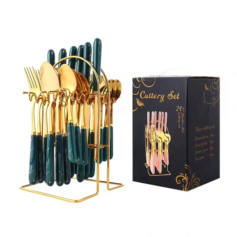 German High-Quality Luxury Rose Gold Stainless Steel Ceramic Handle 24-Piece Knife and Fork Set.