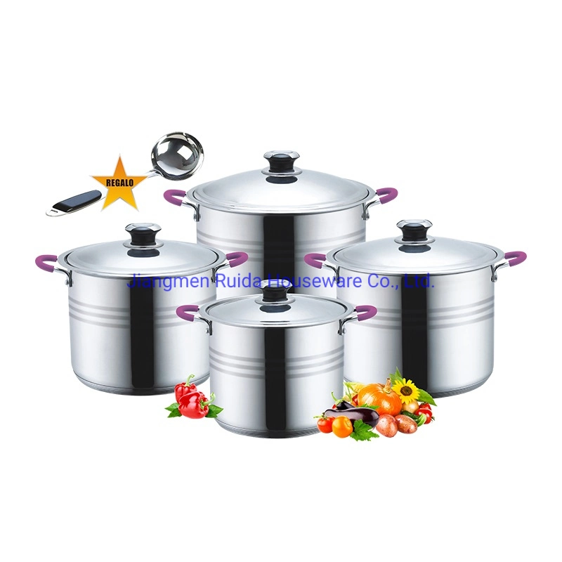 Large Size Stainless Steel Cookware with Color Silicone Handle in Stock Cook Pot Sets Use on Induction and All Stoves