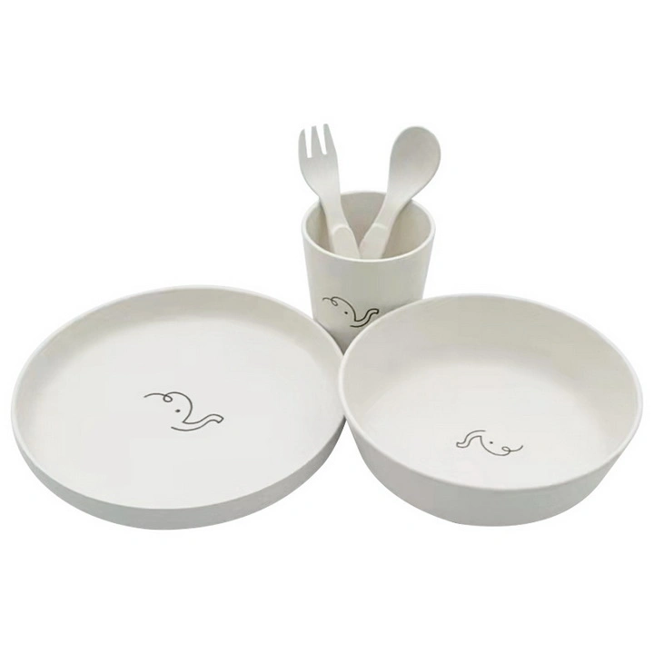 Bamboo Fiber Children Spork Spoon Dinner Plate Cup 5 Pieces Tableware Set