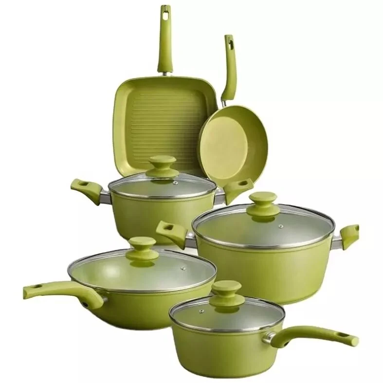 Green Non Stick Pots Aluminum Cookware Forged Camping Pan Marble Non Stick Cookware Set Forged Aluminum Cookware Set with Induction Bottom