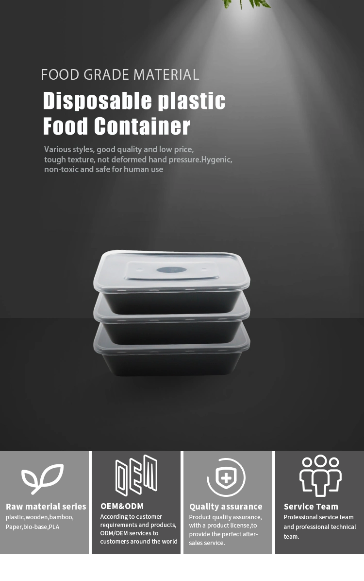 Fresh Food Container Disposable Plastic Tableware 500ml PP Plastic Black Box with Transparent Lid Custom