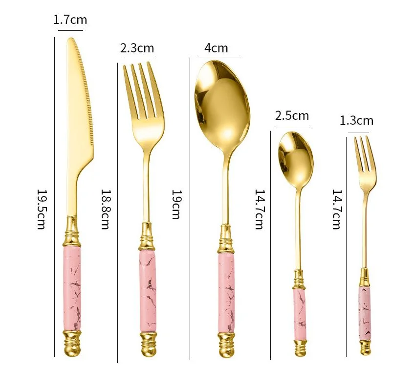 Stainless Steel Ceramic Handle Western Tableware Knife, Fork and Spoon Five-Piece Set of Marble Handle Kitchen Utensil