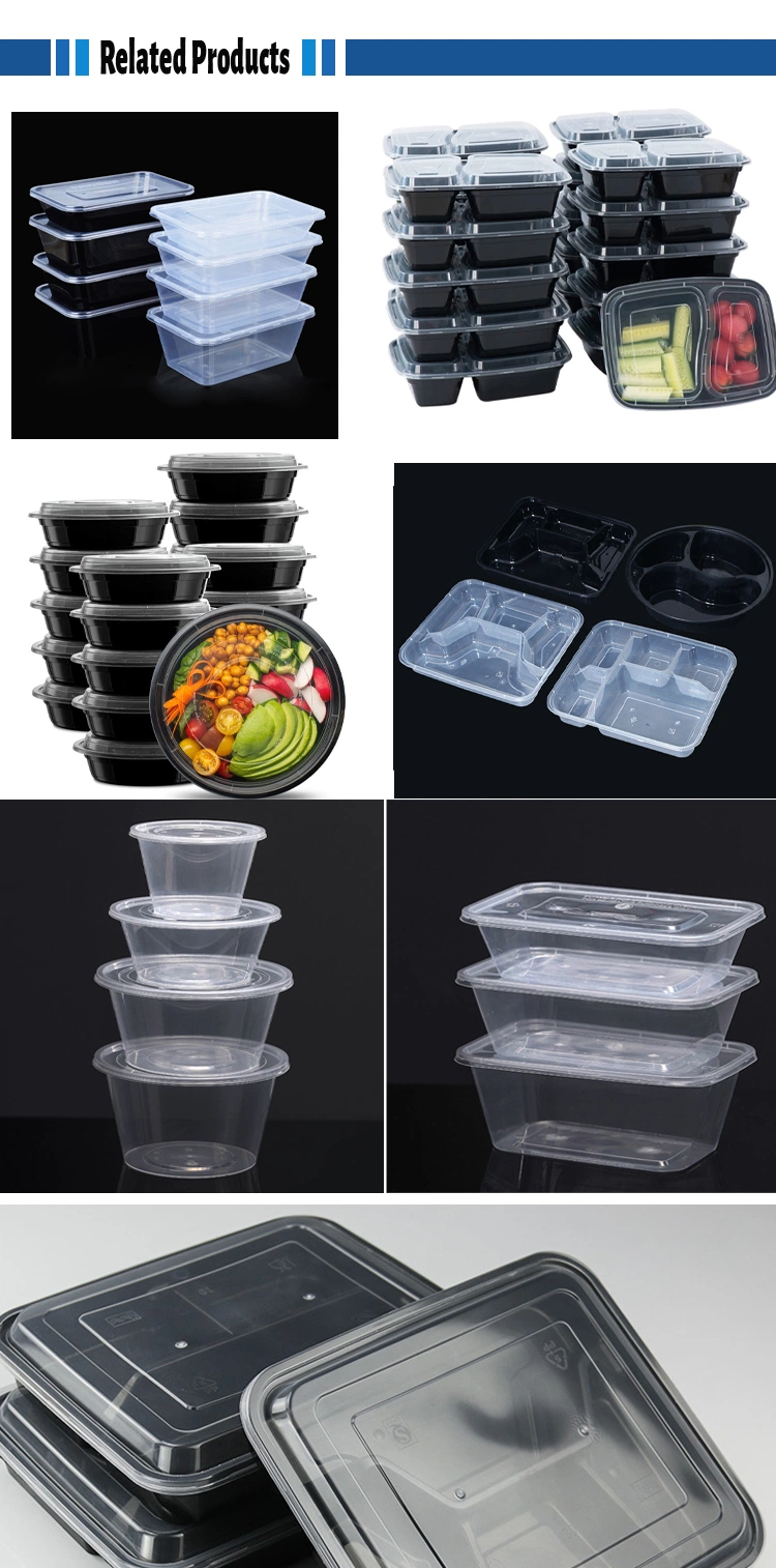 Takeaway Wholesale Disposable Plastic Tableware 900ml PP Plastic Black Box with Lid Custom