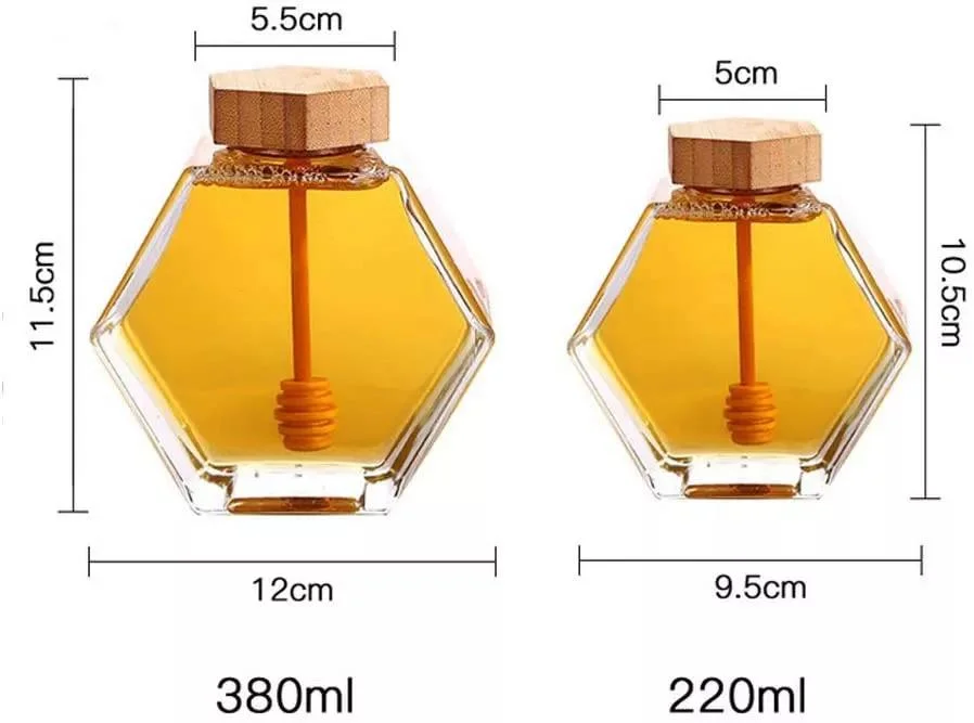 Honeycomb Shape Hexagonal Glass Storage Pot Cruet Spice Herb Mini Honey Jar with Wooden Dipper and Bamboo Lid 100ml 220ml 380ml