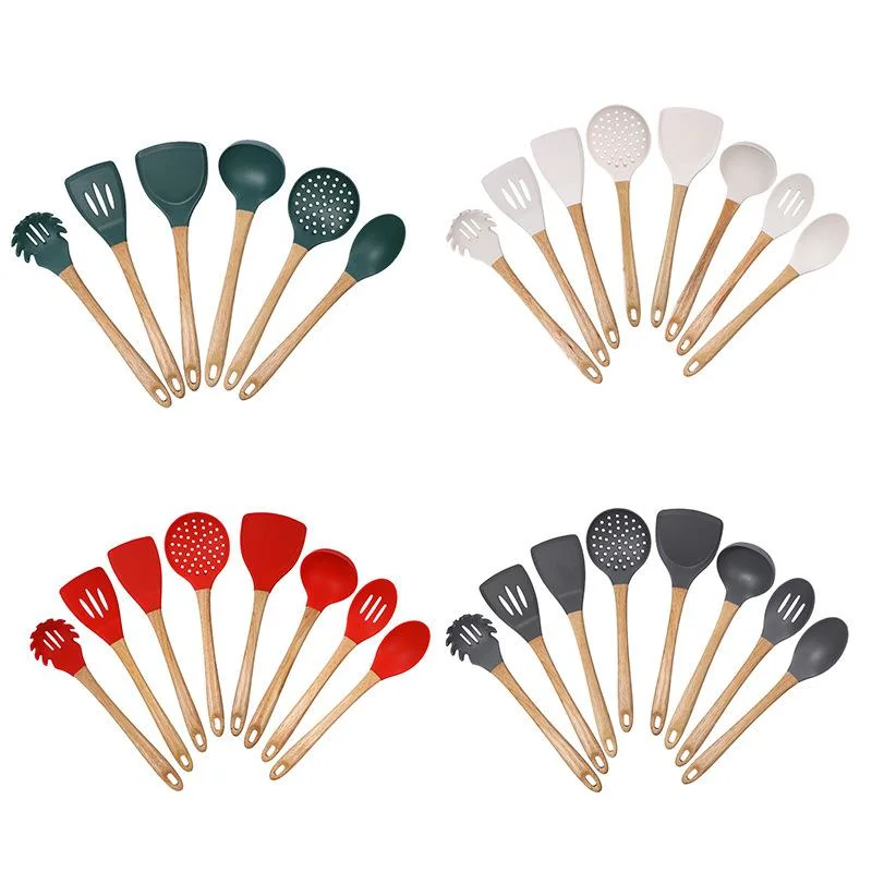 8PC Wood Handle High Temperature Silicone Kitchen Tool Cooking Utensils Set