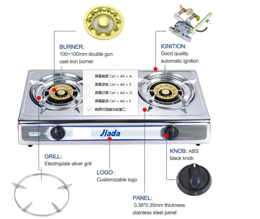 Jd-Ds061 Popular Product Home Household Small Kitchen 2 Burner Silver Stainless Steel Panel Body Stainless Top Gas Stove Price