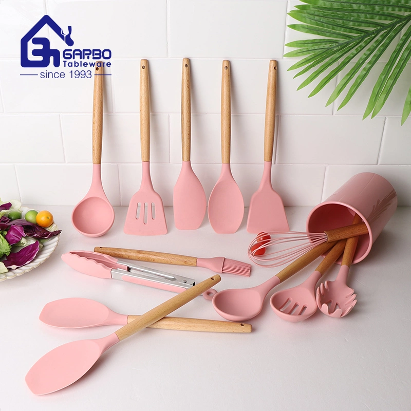 11PCS Pink Color Nylon Kitchenware Set with Wooden Handles Food Safe Cooking Tools for Kitchen Use