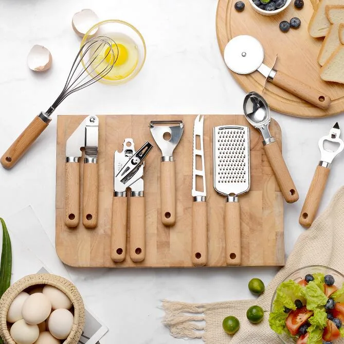 9PCS Wood Handle Baking Utensils Premium Stainless Steel Kitchen Gadget Set