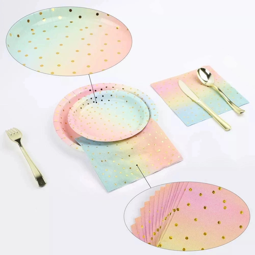 White Square Plastic Plates with Gold Dots Disposable Dinnerware Set for Party