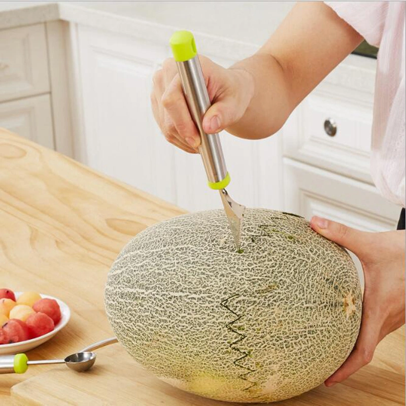 3 in 1 Kitchen Gadget Tool - Stainless Steel Melon Baller Scoop + Fruit Peeler + Carving Knife for Fruits Ice Cream Cookie Dough Butter Esg12274