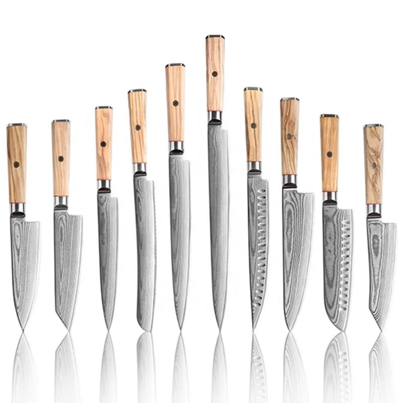 High Quality Kitchen Knife Set Damascus Kitchen Utensil Olive Wood Handle