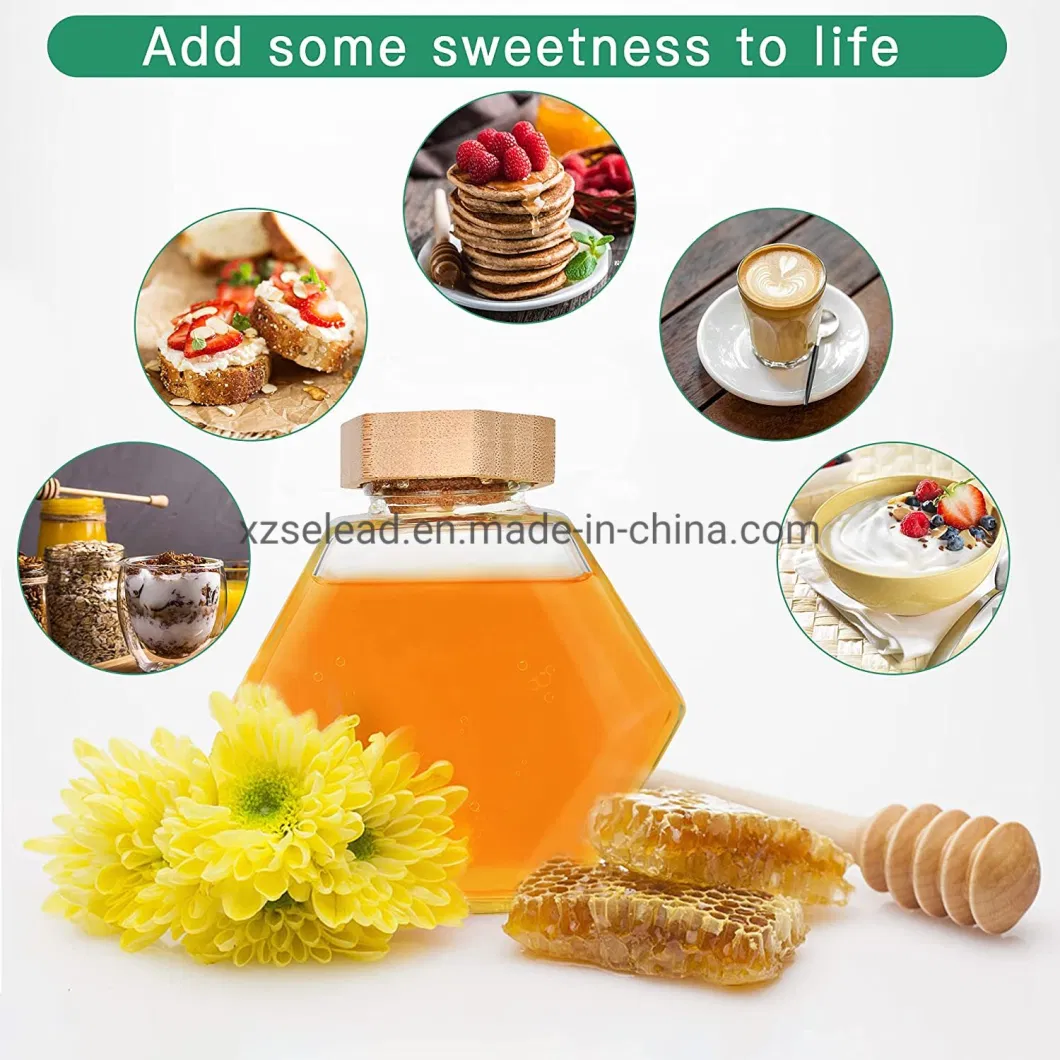 220ml 380ml Glass Storage Pot Cruet Spice Herb Honey Jar with Wooden Dipper Hexagonal Glass Honey Jar with Stir Bar