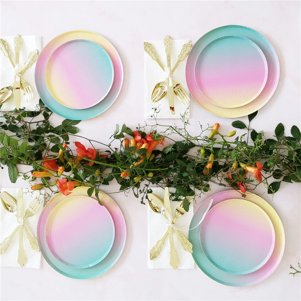 Party Disposable Kids Tableware Paper Plate Straw Cup Biodegradable Disposable Gold Forks Rainbow Series Dinnerware