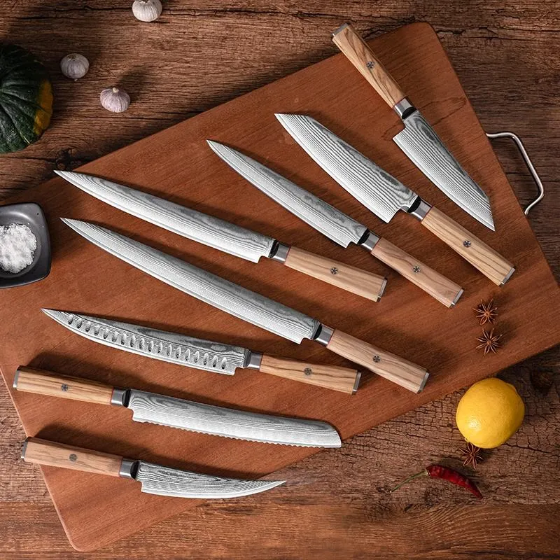 High Quality Kitchen Knife Set Damascus Kitchen Utensil Olive Wood Handle