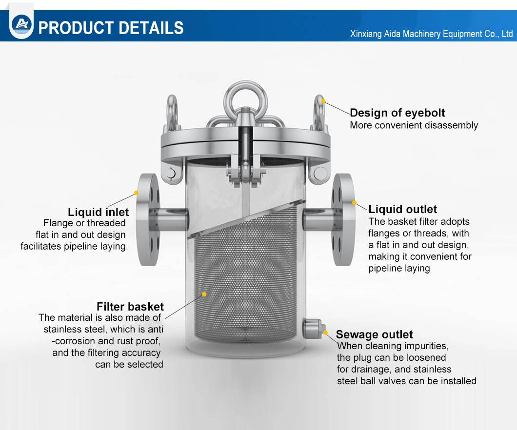 Aida Pipeline Coarse Filtration 316L Stainless Steel Mesh Basket Strainer Filter