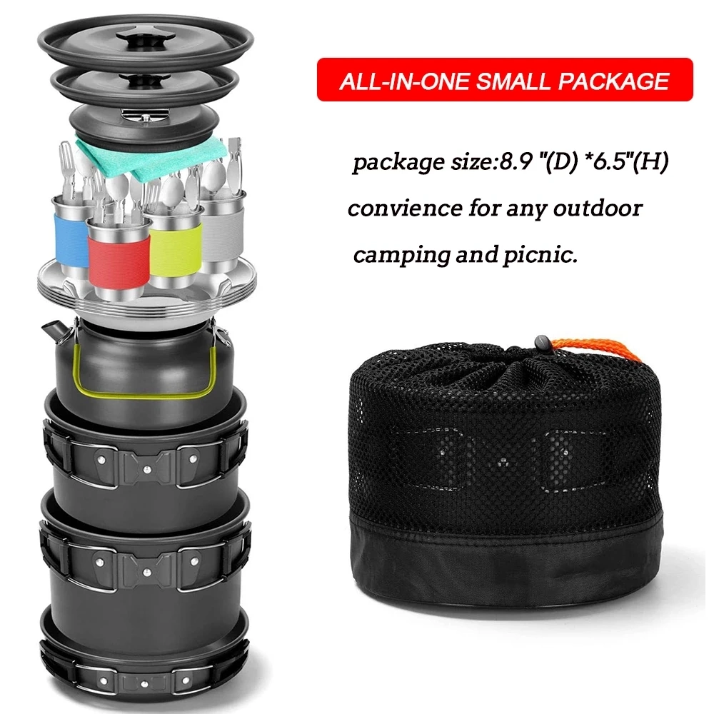 Camping Cookware 29PCS Kit Camping Tableware Set 4 Person Outdoor Picnic Cooking Supplies with Bucket Bowl Pans Fold Knife Fork
