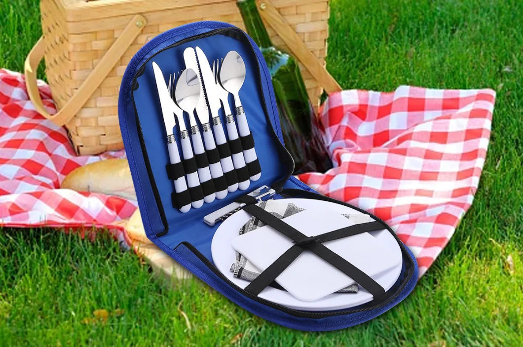 Travel Camping Portable Dinnerware Cutlery Sets with Handbag Plastic Handle Stainless Steel Flatware Sets