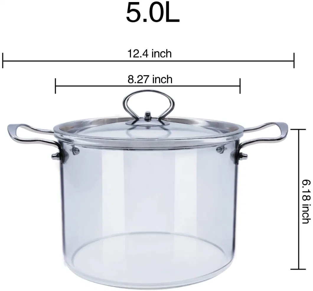 High Borosilicate Large Size 5L Glass Housewares Cookware with Stainless Steel Double-Ear Pyrex Glass Soup Noodle Cooking Pot Direct Fire Use Not Broken