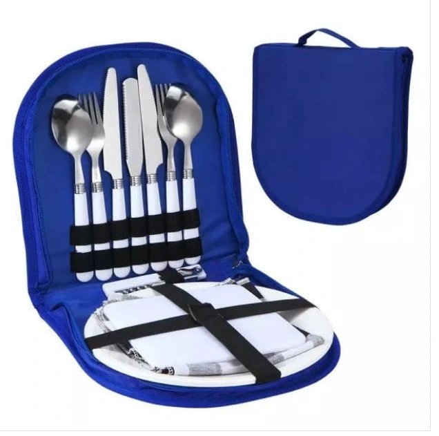 Travel Camping Portable Dinnerware Cutlery Sets with Handbag Plastic Handle Stainless Steel Flatware Sets