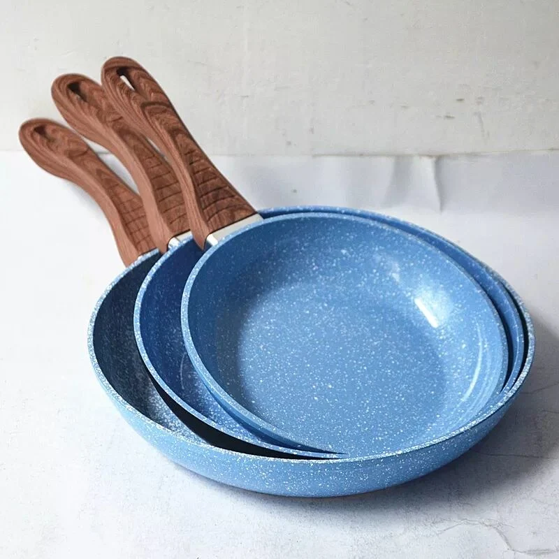 6PCS Non Stick Kitchen Utensils Blue Color Marble Ceramic Coating with Wooden Soft Touch Handle Pots and Pans Aluminum Forged Cookware Set with Induction Bottom