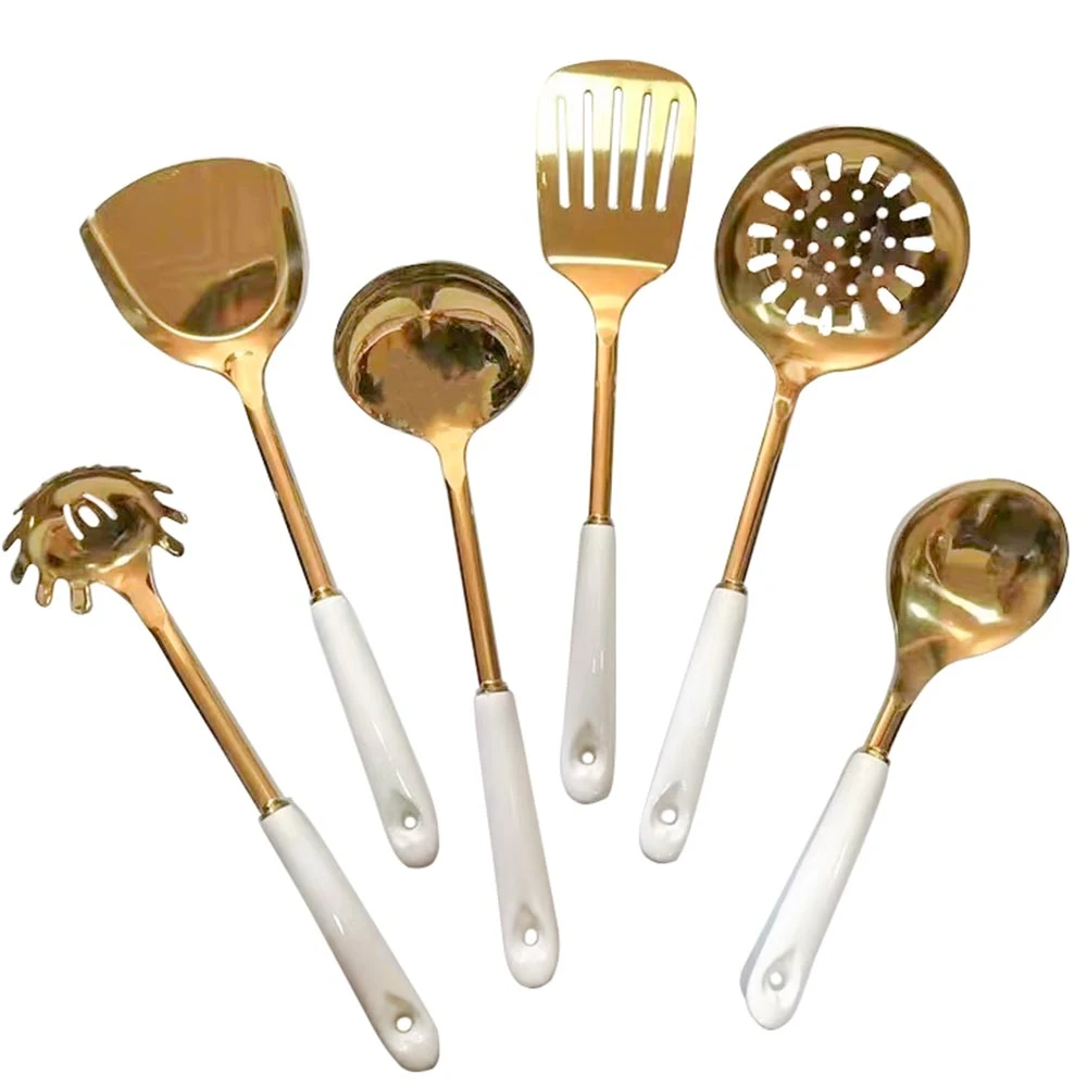 Easy Hook Green Ceramic Handle Golden Stainless Steel Kitchen Utensil Set