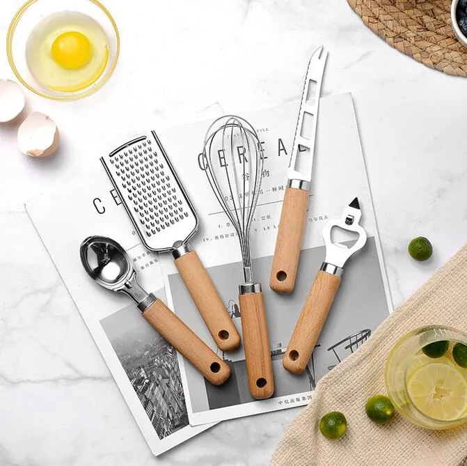 9PCS Wood Handle Baking Utensils Premium Stainless Steel Kitchen Gadget Set