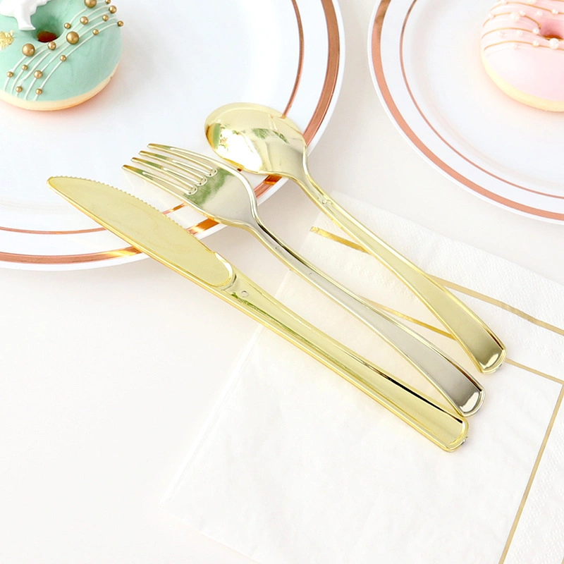 Disposable Cutlery Knives, Forks, Spoons Gold Birthday Party Tableware Set PS Plastic Rose Gold (Y-11)