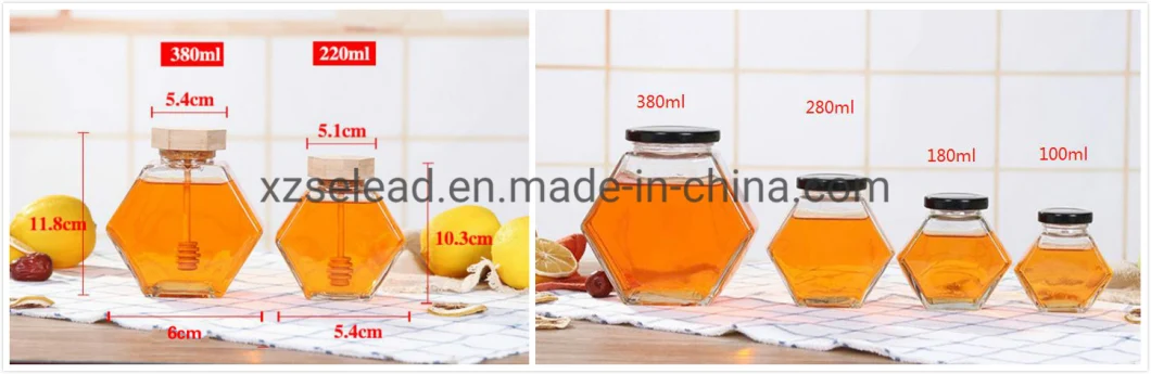 220ml 380ml Glass Storage Pot Cruet Spice Herb Honey Jar with Wooden Dipper Hexagonal Glass Honey Jar with Stir Bar