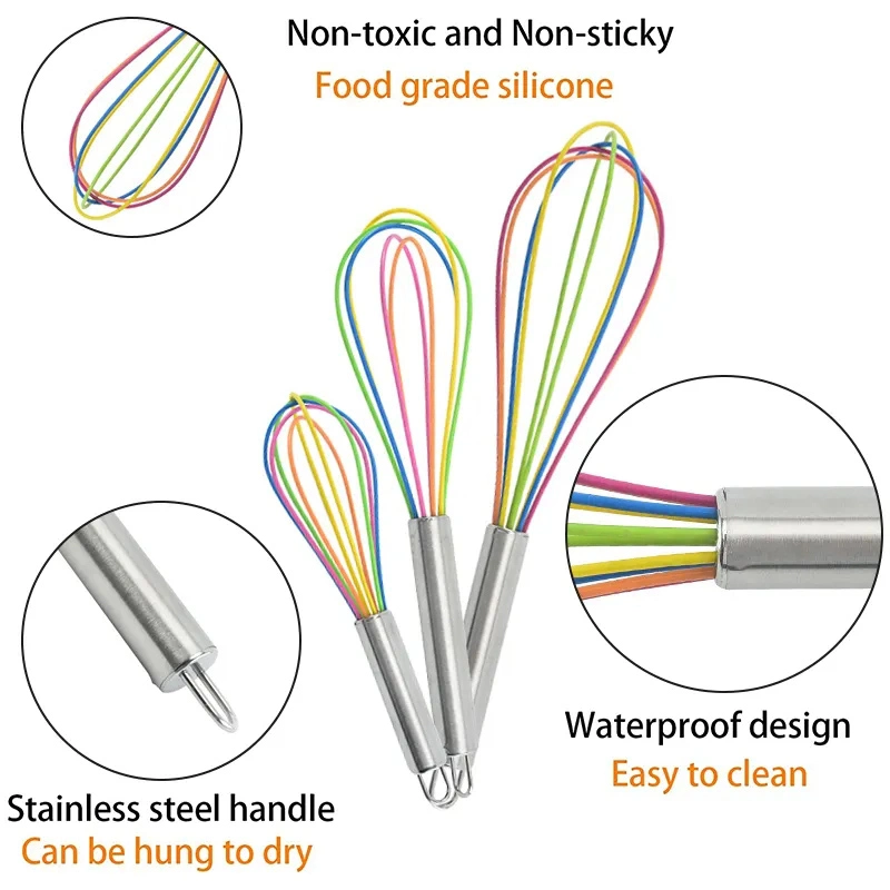 Factory OEM Stainless Steel Manual Egg Whisk with Silicone Stirring Head Egg Beater Kitchen Gadget Bakeware Tools 8/10/12 Inch