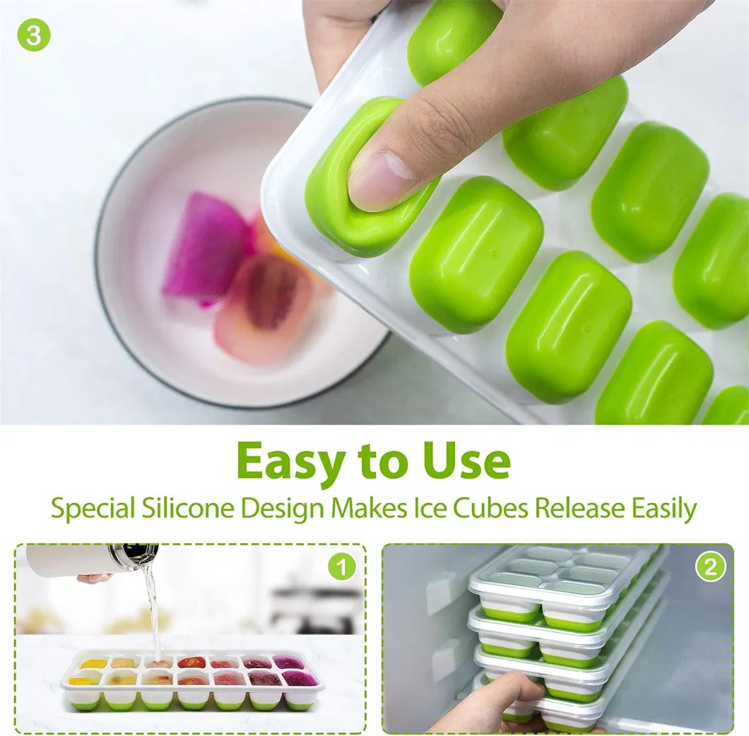 Easy-Release Silicone Flexible 14-Ice Cube Trays with Spill-Resistant Removable Lid