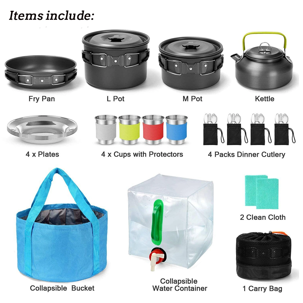 Camping Cookware 29PCS Kit Camping Tableware Set 4 Person Outdoor Picnic Cooking Supplies with Bucket Bowl Pans Fold Knife Fork