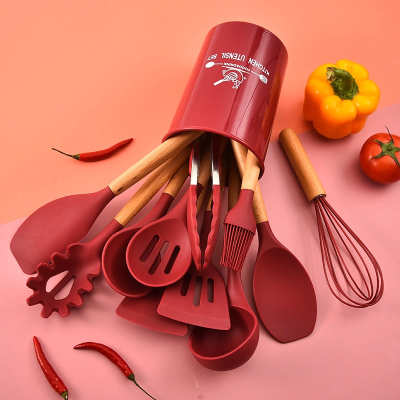 BPA Free Christmas &amp; Holiday Red Non-Stick Silicone Kitchen Utensils Set with Wood Handle