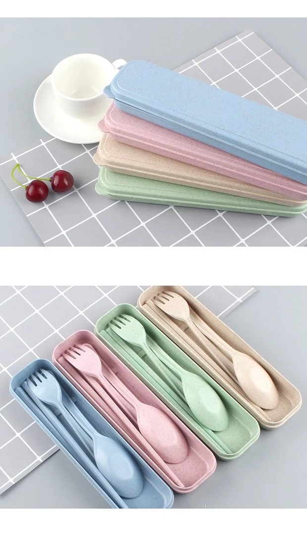 Customized Wheat Straw Portable Tableware Reusable Dinnerware Spoon Fork Chopsticks Cutlery Set